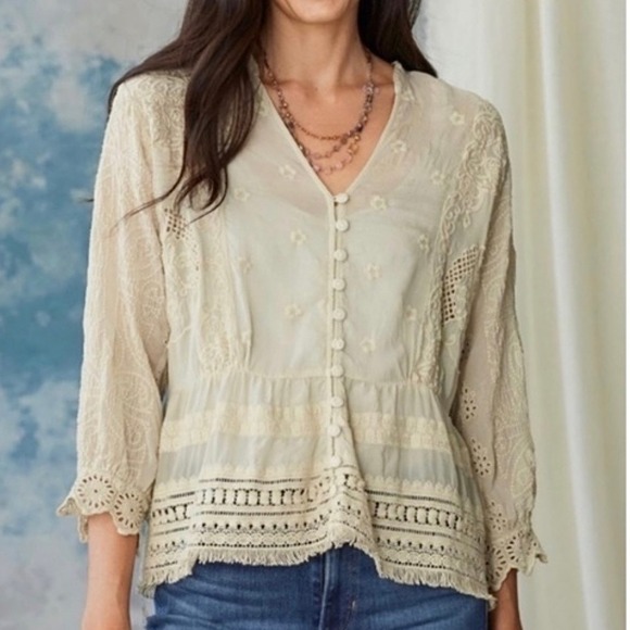 Johnny Was Tops - Johnny Was $275 Polyvore Juniper Blouse Ivory Embroidered Boho Blouse Medium